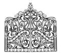 Wrought iron gate and fence.Black metal gate with forged ornaments on a white background.decorated steel vector mansion entrance. Royalty Free Stock Photo