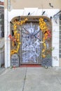 Wrought iron gate with holloween decorations in San Francisco, California