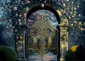 Wrought iron gate to the flowers garden, entrance in moonlight, night landscape, roses flowers Royalty Free Stock Photo