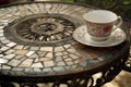 wrought iron table with mosaic tiles, empty teacup, and saucer