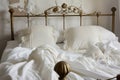 wroughtiron bed with white linen and lace