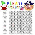 Bold colors pirate word search puzzle vector printable worksheet