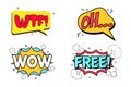 WTF Oh comic explosion with red and yellow colors. Wow Free comic burst with yellow, white, blue, and red colors. Comic explosion Royalty Free Stock Photo