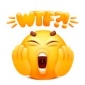 Wtf web sticker. Yellow emoji cartoon character. Emoticon smile face