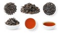 Wu Yi Rou Gui, Cinnamon Oolong, collection of loose leaves and bowls of brewed Chinese tea isolated on white