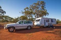 WUBIN, AUSTRALIA - SEP 17 2019: Retired couples each year travel northwards in 4WD`s and caravans in the spring and free camp in