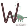 Wuerhosaurus.Letter V with reptile name.Hand drawn cute dinosaur.Educational prehistoric illustration.Dino alphabet.