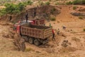 WUKRO, ETHIOPIA - MARCH 22, 2019: Local people loading sand into a truck near Wukro, Ethiop