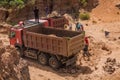 WUKRO, ETHIOPIA - MARCH 22, 2019: Local people loading sand into a truck near Wukro, Ethiop