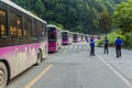 WULINGYUAN, CHINA - AUGUST 9, 2018: Rows of shuttle buses for visitors of Zhangjiajie National Forest Park in Hunan