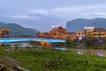 Wulingyuan, China - May 27, 2018: Town Wulingyuan at sunset in Tianzi Avatar mountains nature park