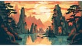 Wulingyuan Scenic Area China at sunset - illustration retro style - made with Generative AI tools