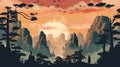 Wulingyuan Scenic Area China at sunset - illustration retro style - made with Generative AI tools