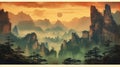 Wulingyuan Scenic Area China at sunset - illustration retro style - made with Generative AI tools
