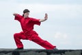 Wushoo man in red practice martial art Royalty Free Stock Photo