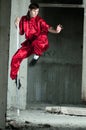 Wushoo man in red practice martial art Royalty Free Stock Photo