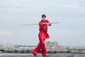 Wushoo man in red practice martial art Royalty Free Stock Photo