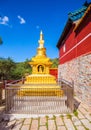 Wutaishan(Mount Wutai) scene. Gold stupa on the out of tmple wall. Royalty Free Stock Photo
