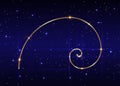 Golden ratio. Fibonacci number, golden section, divine proportion and shiny gold spiral, vector isolated on blue starry night sky Royalty Free Stock Photo