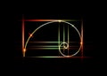 Golden ratio. Fibonacci number, golden section, divine proportion and shiny gold spiral, vector isolated on black background Royalty Free Stock Photo