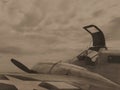 WW2 Navy aircraft with open cockpit door over wing sepia