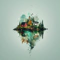 WWatercolor painting of a castle on a small island, AI-generated. Royalty Free Stock Photo