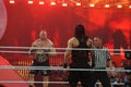 WWE Champion Brock Lesner stares across ring at Roman Reigns as