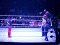 WWE Wrestler Shinsuke Nakamura does pre-match ritual as Jinder Mahal stands in ring with The Singh Brothers