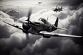 WWII Airplane In Flight. War, Battle, Clouds, Vintage, Retro, Black And White. Bastogne, Hiroshima And Nagasaki