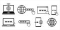 WWW flat line icon set with computer, phone, laptop and tablet. Internet browser search bar with globe and mouse arrow click. Web