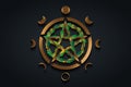 Gold Pentacle circle symbol and Phases of the moon. Golden Wiccan symbol, full moon, waning, waxing, first quarter, gibbous,