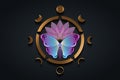 Sacred lotus flower and colorful butterfly with engraving and Moon Phases. Wiccan symbol, full moon, waning, waxing, first quarter