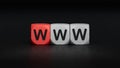 WWW website url of three words on wooden cube block, minimal background concept for internet connection, magnifier. Royalty Free Stock Photo