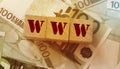 WWW - wooden blocks with letters, laying on 100 euro banknotes. Top view. World wide web Internet business concept Royalty Free Stock Photo