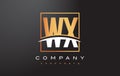 WX W X Golden Letter Logo Design with Gold Square and Swoosh.