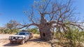 Wyndham, WA, Australia - Aug 31, 2014: A Toyota Landcruiser and Camprite offroad camper trailer park next to a historic prison