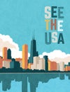 USA travel poster design template. Chicago skyline on Lake Michigan.