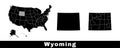Wyoming state map, USA. Set of Wyoming maps with outline border, counties and US states map. Black and white color Royalty Free Stock Photo