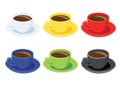 Coffee cup on saucer and many coffee cups multi color White yellow red blue green black Royalty Free Stock Photo