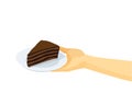 Cake chocolate on the plate in human hand on white background Royalty Free Stock Photo