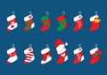 Sock christmas set decorations and design isolated on blue background illustration vector Royalty Free Stock Photo