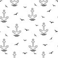 Seamless print in a marine style with anchors, waves, seagulls. Vector hand-drawing in cartoon style.