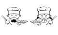 Smiling girl and boy. Cute cartoon little cooks with sushi. Logo vector icon isolated. Hand drawing.