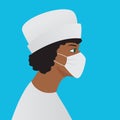 Afro american woman in doctor or nurse uniform. Colored social vector icon.