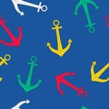 Colored ship anchors. Seamless bright vector pattern on a blue background.