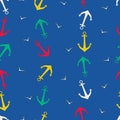 Colored ship anchors and sea gulls. Seamless bright vector vertical pattern on a blue background.