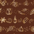 Various spices and herbs for delicious cooking. Seamless vector linear hand drawing.