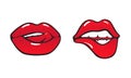 Red bitten and licked lips. Set of colored icons in cartoon style isolated on white.