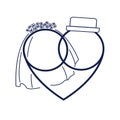 Wedding gold intertwined rings forming a heart. Vector icon with bride veil and groom hat. Royalty Free Stock Photo