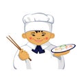Smiling cartoon Asian little chef with sushi. Logo vector colorful icon isolated on white background. Royalty Free Stock Photo
